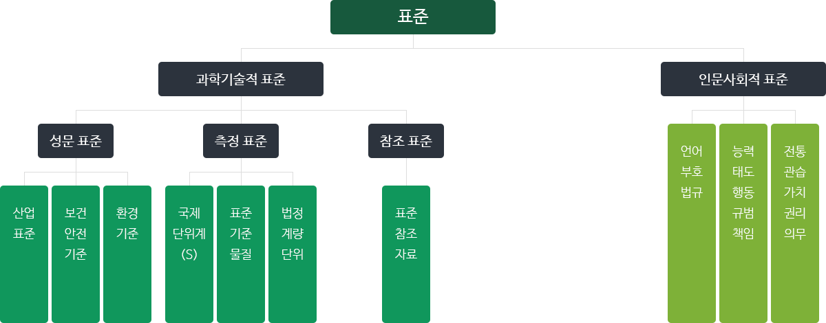 표준 밑에 과학기술적 표준과 인문사회적 표준, 과학기술적 표준 밑에 성문표준과 측정표중과 참조표준, 성문 표준 밑에 산업표준과 보건ㆍ안전기준과 환경기준, 측정 표준 밑체 국제단위계(S)와 표준기준물질과 법정계량단위, 인문사회적 표준 밑에 언어ㆍ부호ㆍ법규와 능력ㆍ태도ㆍ행동규범책임과 전통ㆍ관습ㆍ가치ㆍ권리ㆍ의무